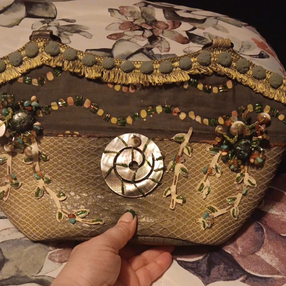 Mary Frances Olive Green and Gold Beaded Embellished Clutch